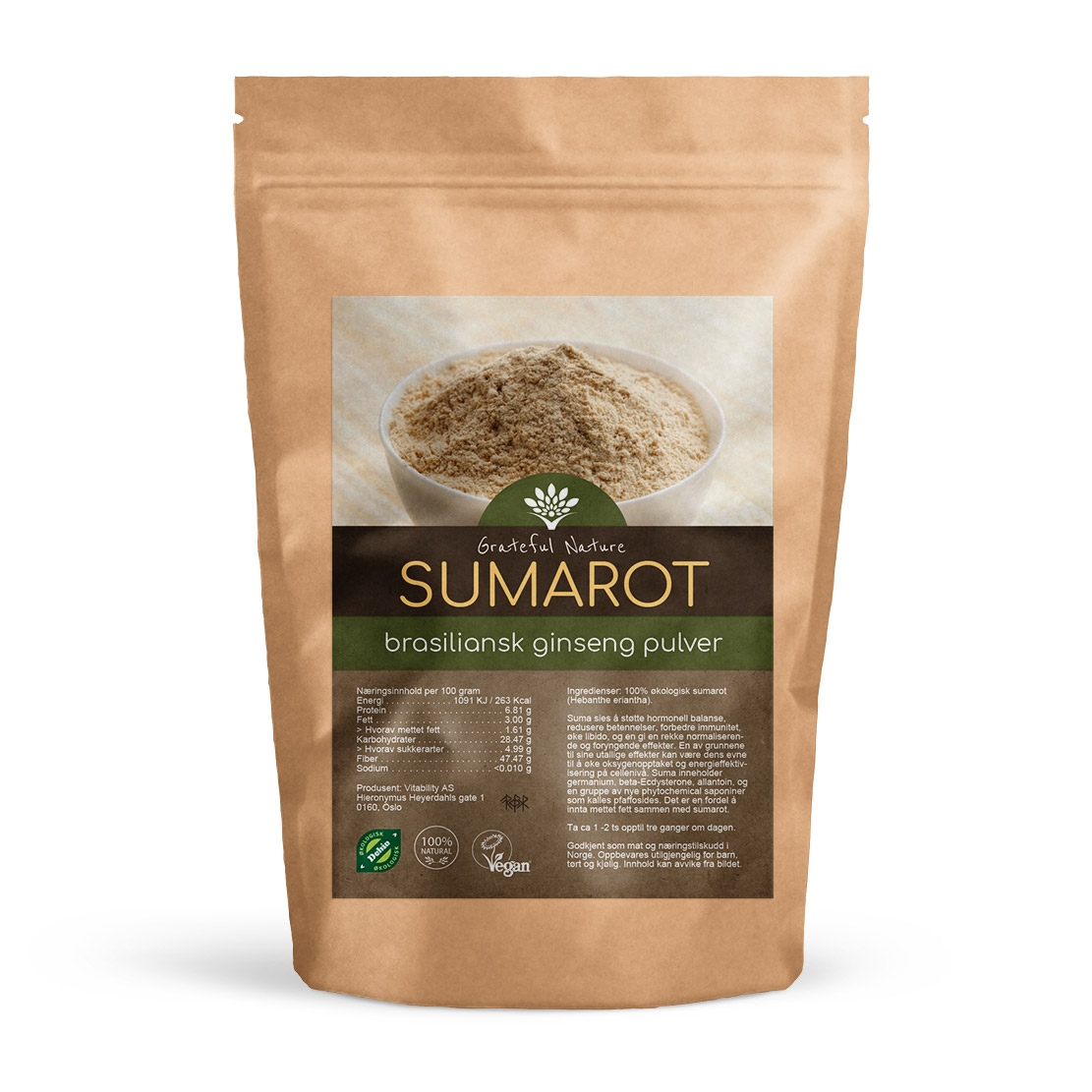 Sumarot pulver Brasiliansk ginseng 250 g Natur.no (Grateful Nature AS)